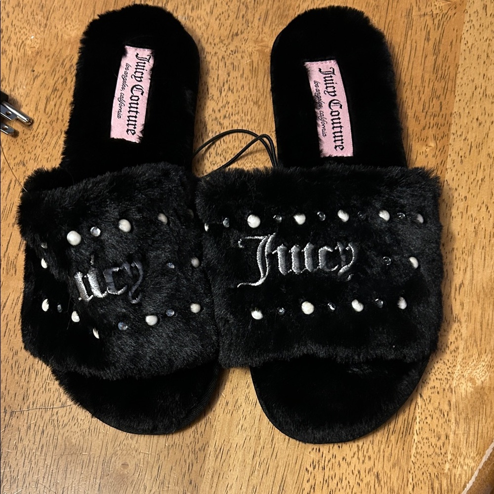 Juicy Couture Black Furry Slides with Pearls